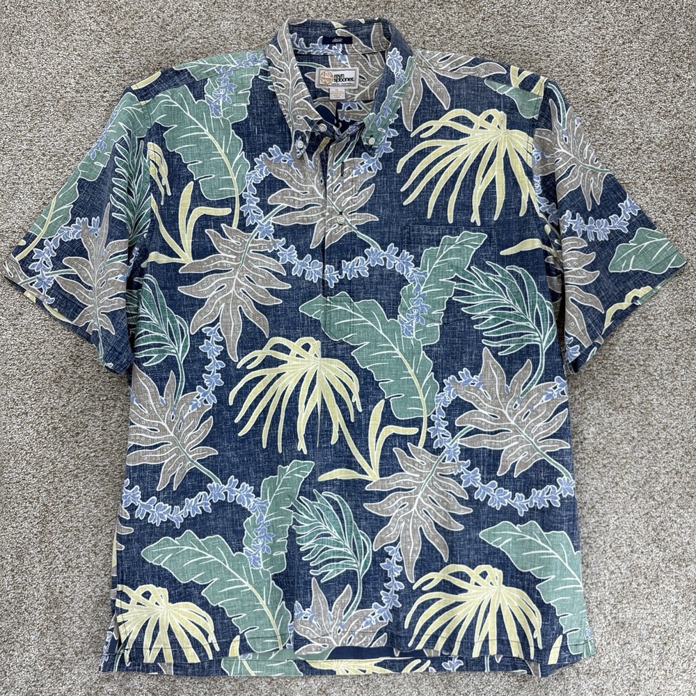 Reyn Spooner Classic 1/2 Button Popover Men's XL Blue Tiny Jungle Reverse Print